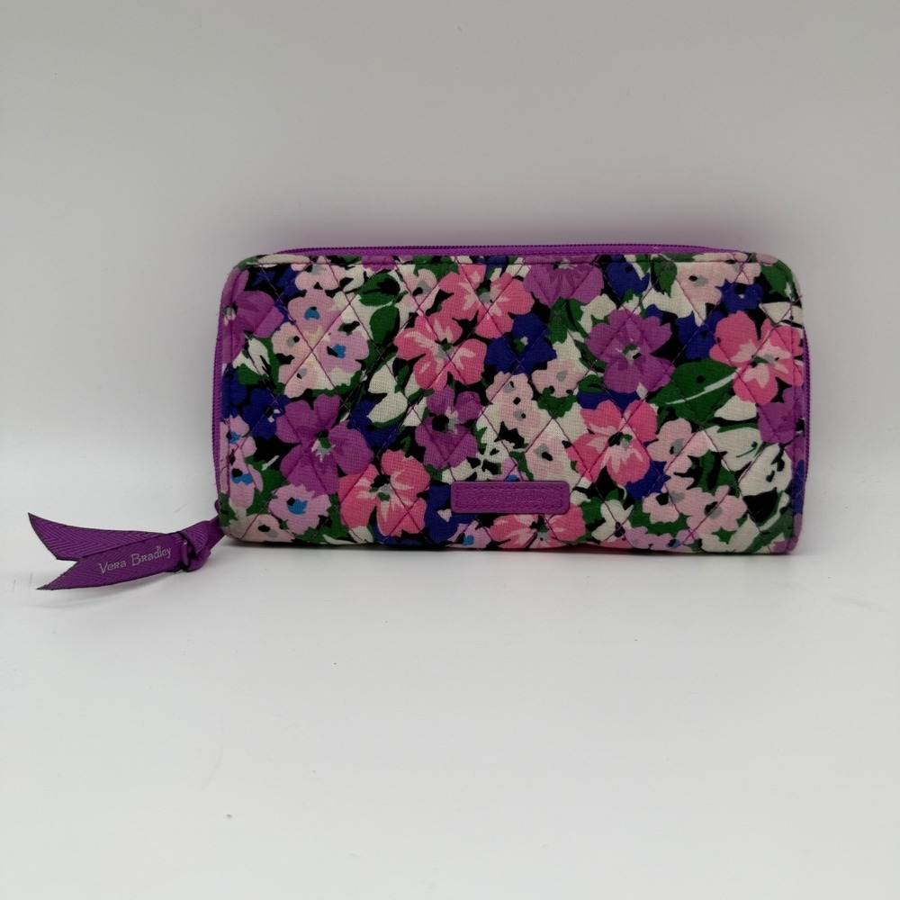 Vera Bradley Wallet Zip Around Flower Garden Pink Purple Floral 8x4" Retired EUC